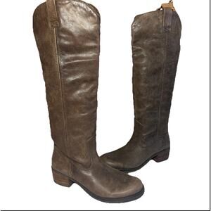 Lucky Brand Blue Jeans Boots Knee High Brown Leather Hippie Western Pull On 7.5M